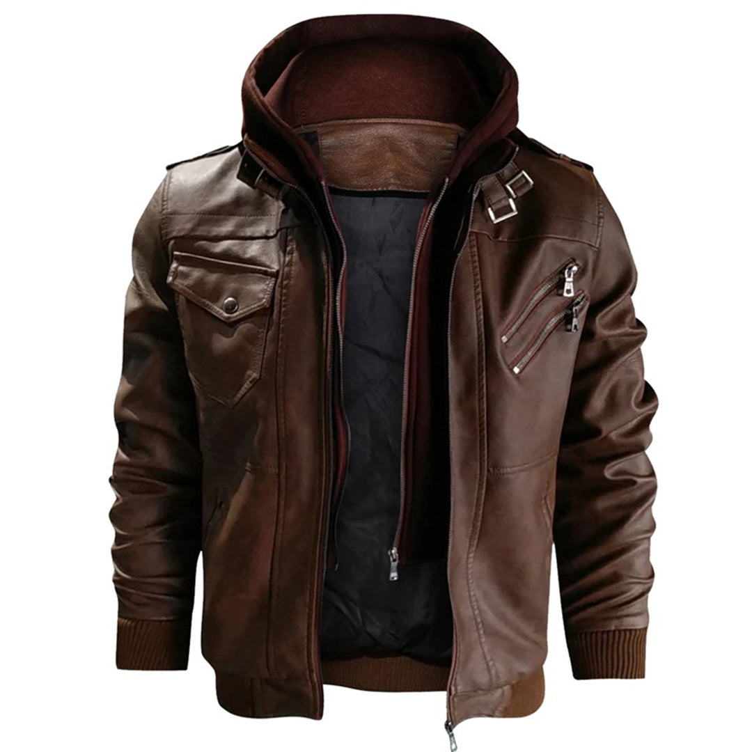 Lederjacke – mit Kapuze – mit Reißverschluss – Bikerjacke – Herrenlederjacke-Chaps Herrenmode