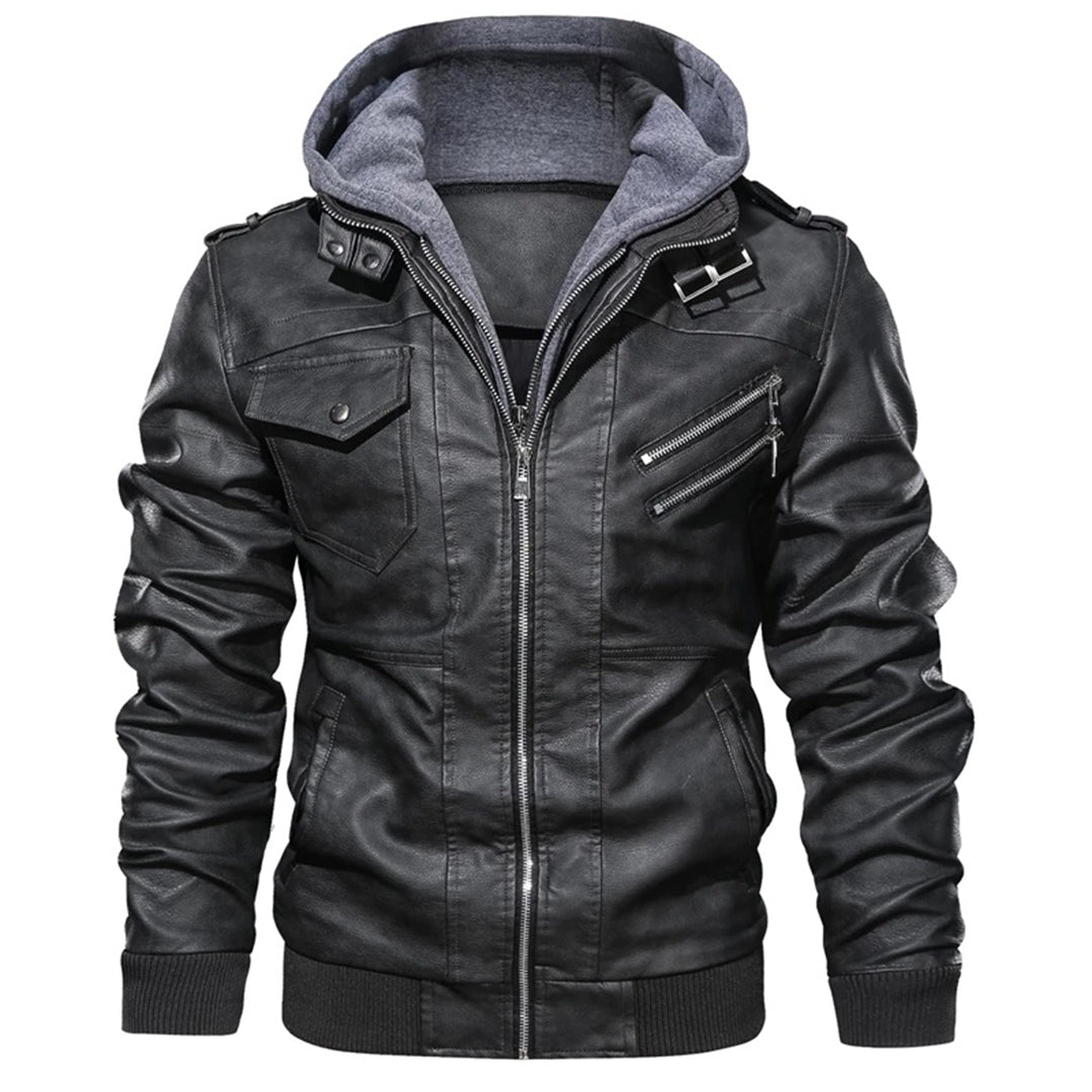 Lederjacke – mit Kapuze – mit Reißverschluss – Bikerjacke – Herrenlederjacke-Grau-S-Chaps Herrenmode