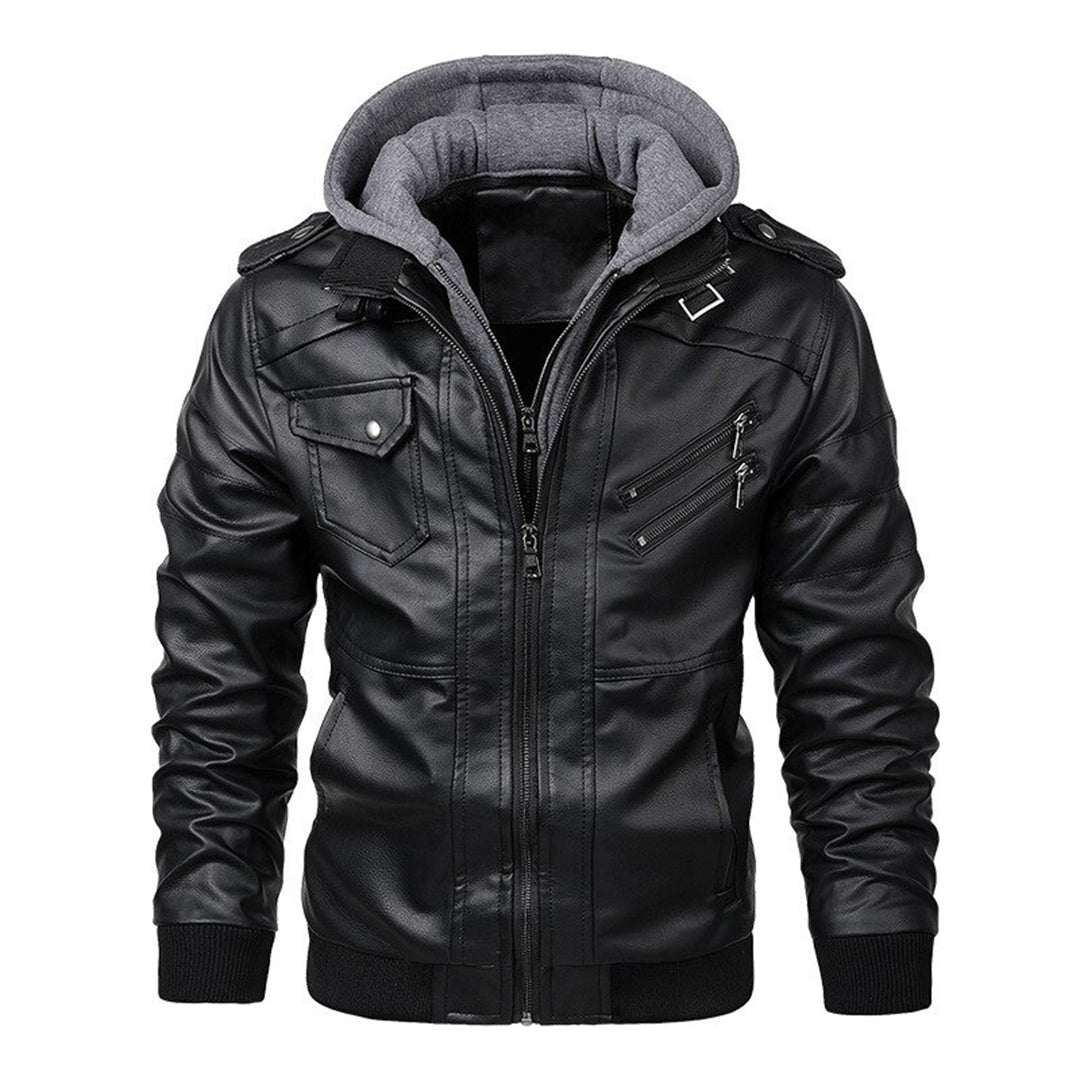 Lederjacke – mit Kapuze – mit Reißverschluss – Bikerjacke – Herrenlederjacke-Schwarz-S-Chaps Herrenmode
