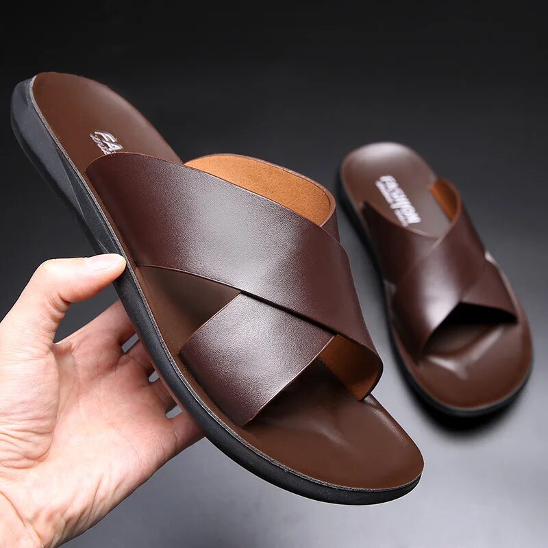 Lederrutschen | Sommer | Slipper | Lederpantoffeln | Herrensandalen-Braun-39-Chaps Herrenmode