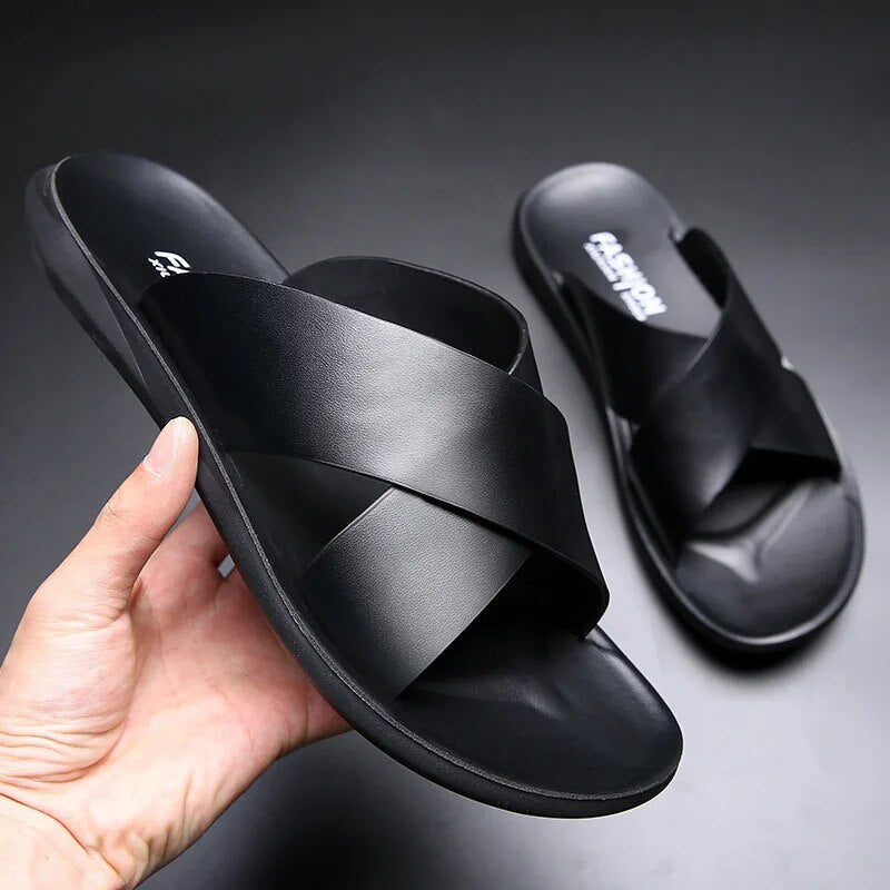 Lederrutschen | Sommer | Slipper | Lederpantoffeln | Herrensandalen-Schwarz-39-Chaps Herrenmode
