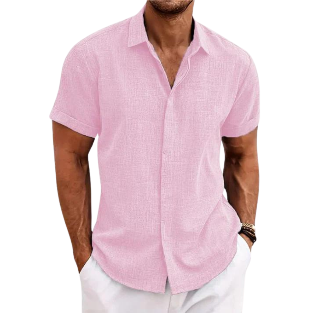 Leinen Freizeithemd für Männer mit kurzen Ärmeln-Rosa-S-Chaps Herrenmode