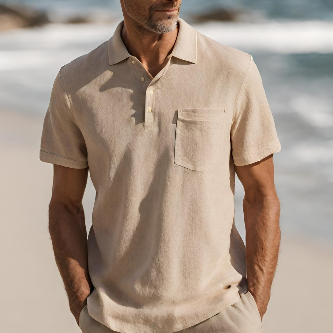 Leinen-Polohemd | Kurzarm | Halber Knopf | Polo T-Shirt | Herrenhemden-Beige-S-Chaps Herrenmode