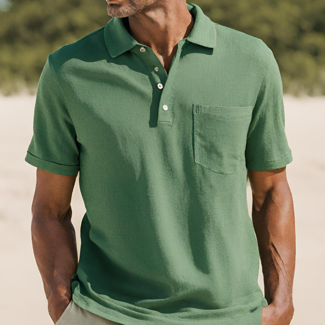 Leinen-Polohemd | Kurzarm | Halber Knopf | Polo T-Shirt | Herrenhemden-Grün-S-Chaps Herrenmode