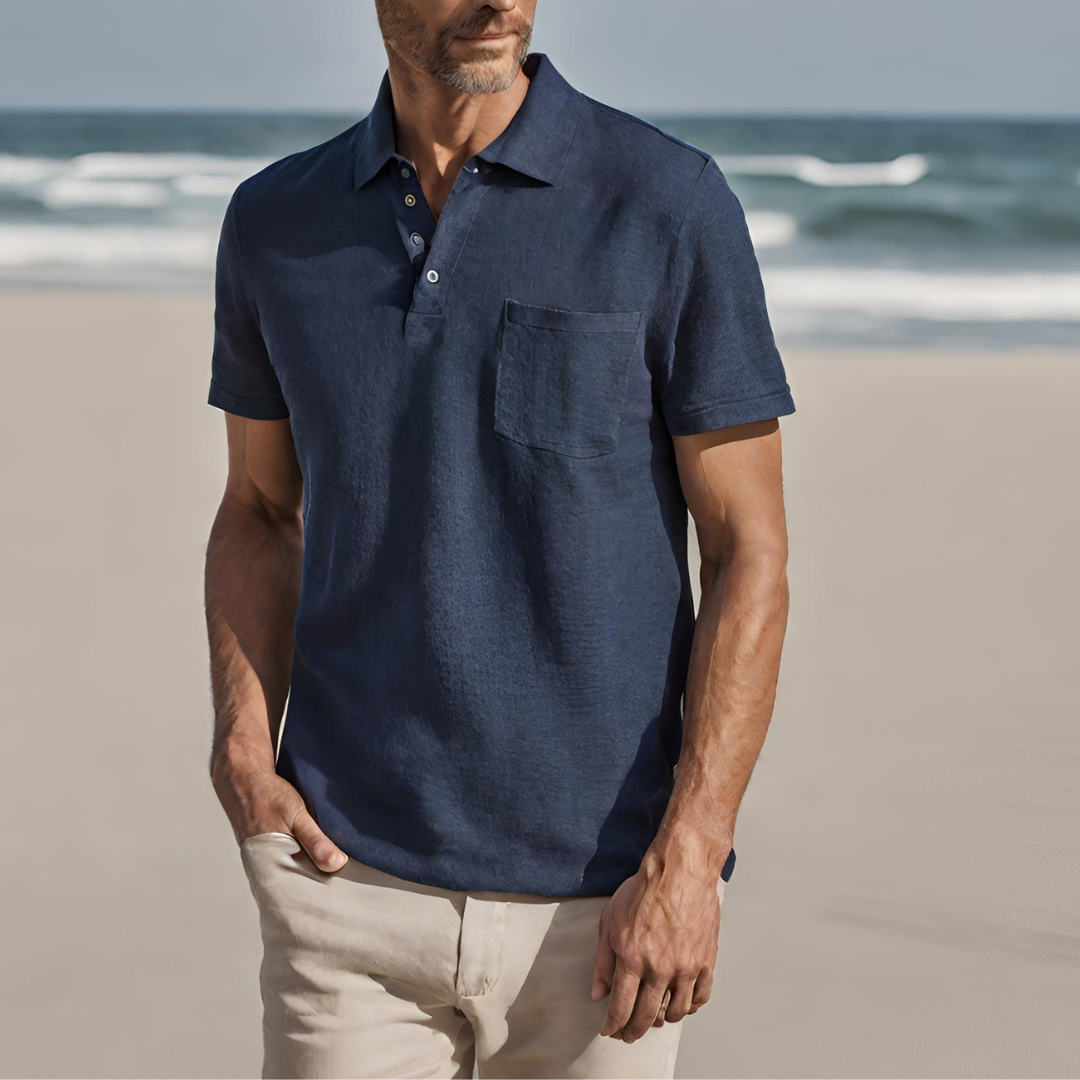 Leinen-Polohemd | Kurzarm | Halber Knopf | Polo T-Shirt | Herrenhemden-Marineblau-S-Chaps Herrenmode