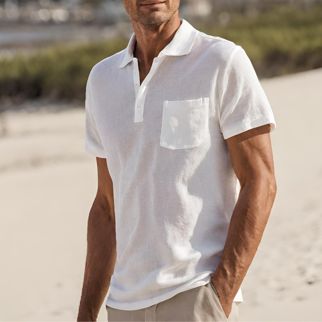 Leinen-Polohemd | Kurzarm | Halber Knopf | Polo T-Shirt | Herrenhemden-Weiß-S-Chaps Herrenmode