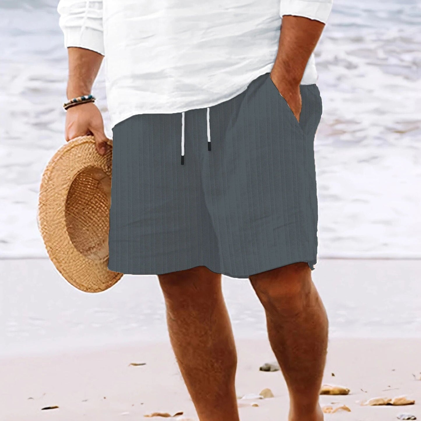 Leinen-Shorts – lockere Passform – Kordelzug – Sommershorts – Herren-Shorts-Grau-S-Chaps Herrenmode