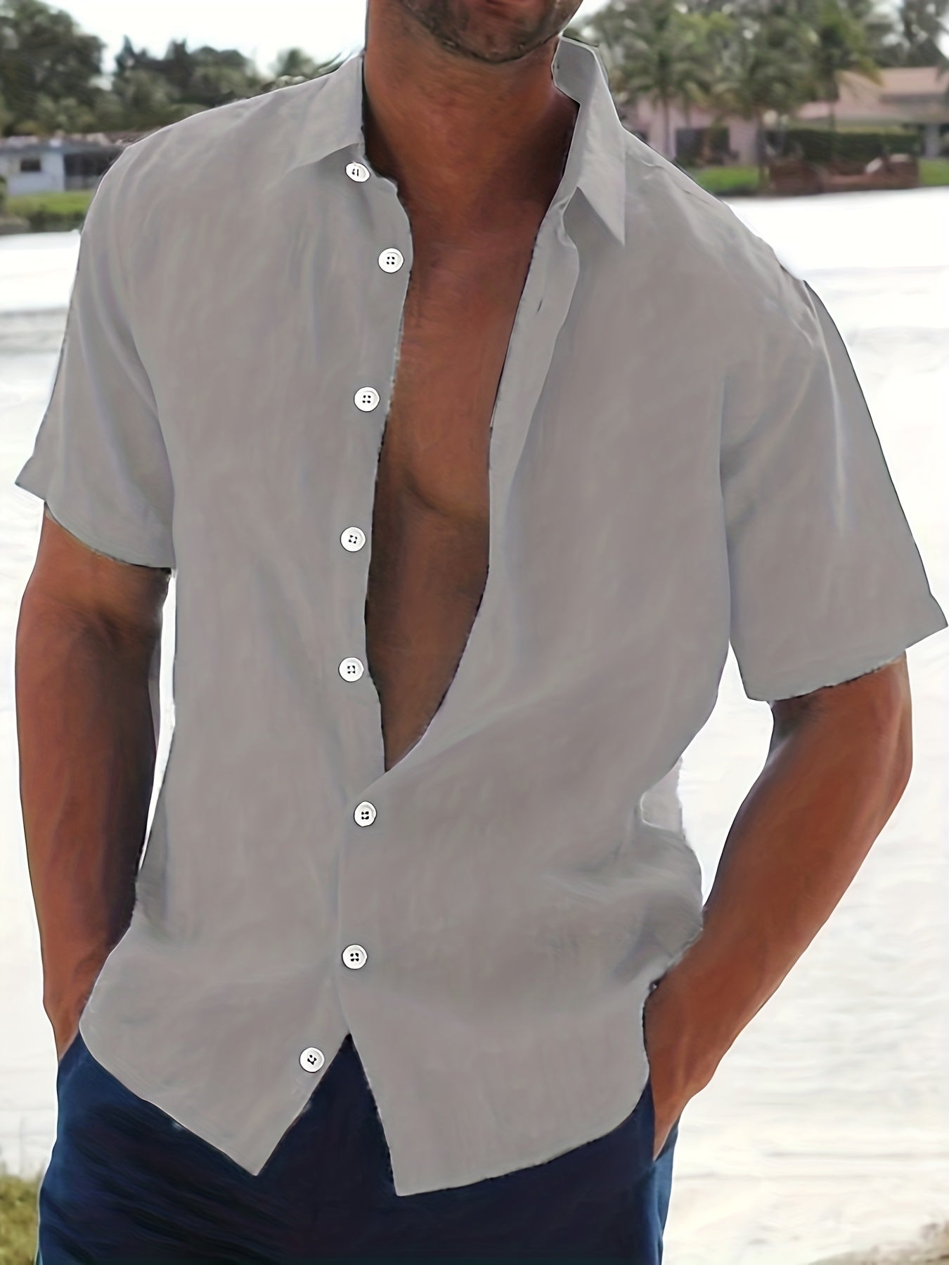 Leinenhemd – Baumwolle – Kurzarm – Knopfleiste – Herrenbekleidung-Grau-M-Chaps Herrenmode