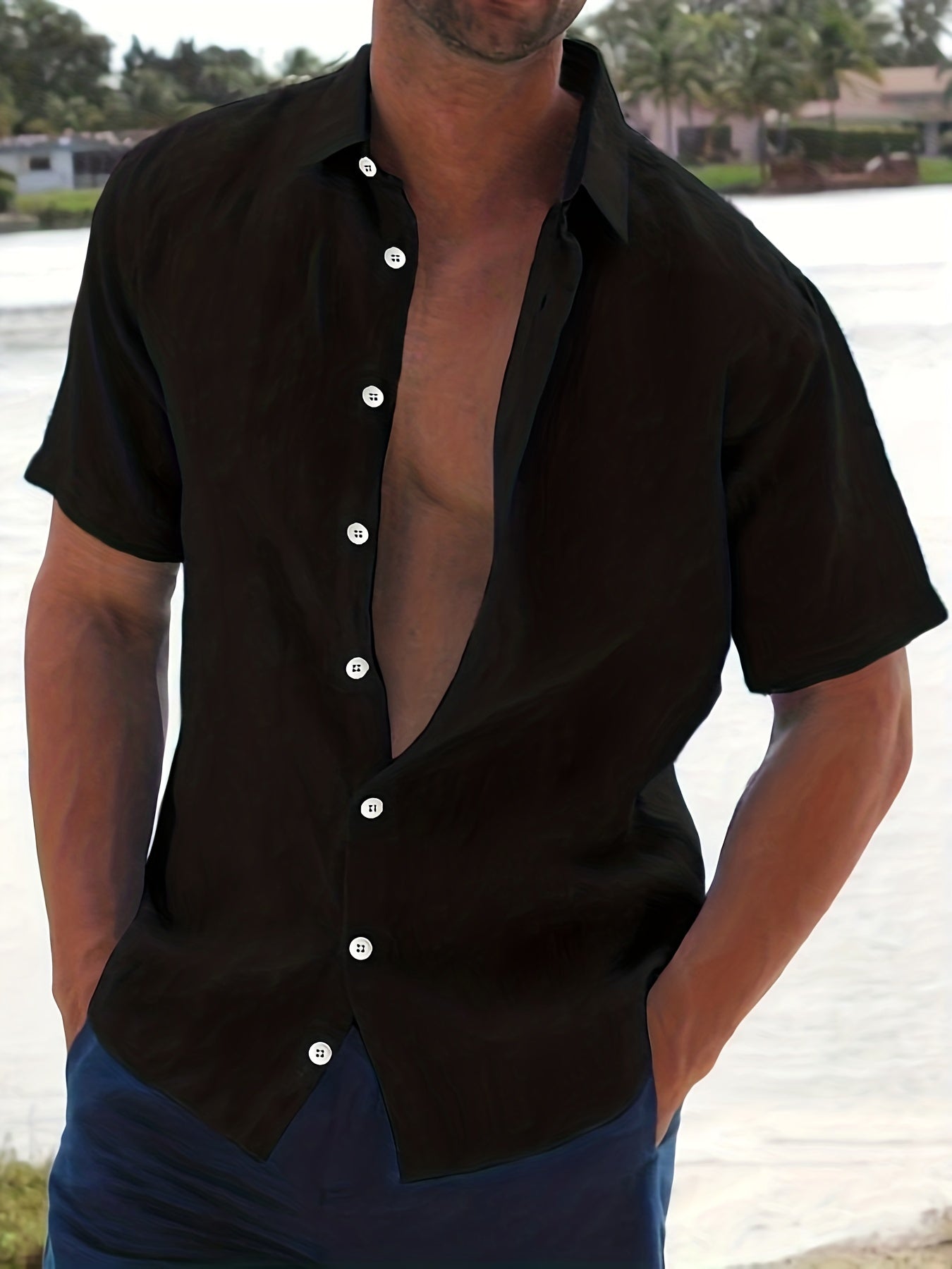 Leinenhemd – Baumwolle – Kurzarm – Knopfleiste – Herrenbekleidung-Schwarz-M-Chaps Herrenmode