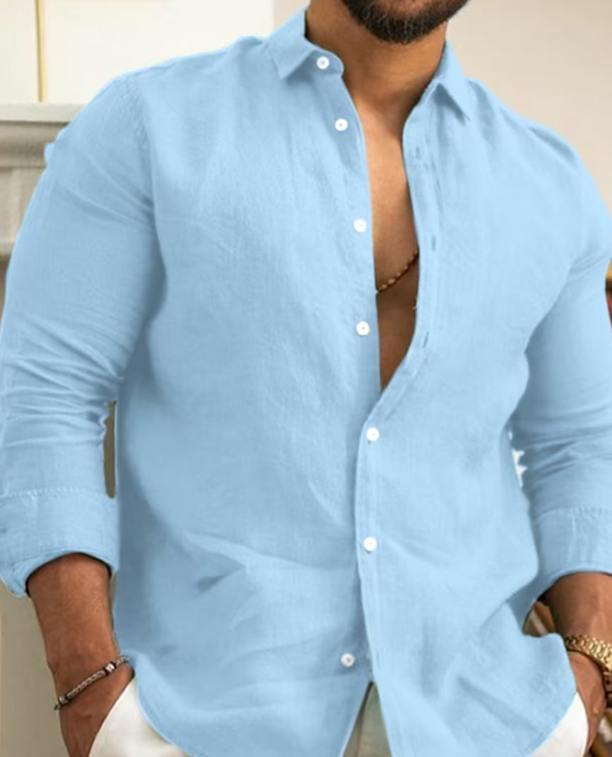 Leinenhemd – Baumwolle – Langarm – Knopfleiste – Herrenhemden-Blau-XS-Chaps Herrenmode