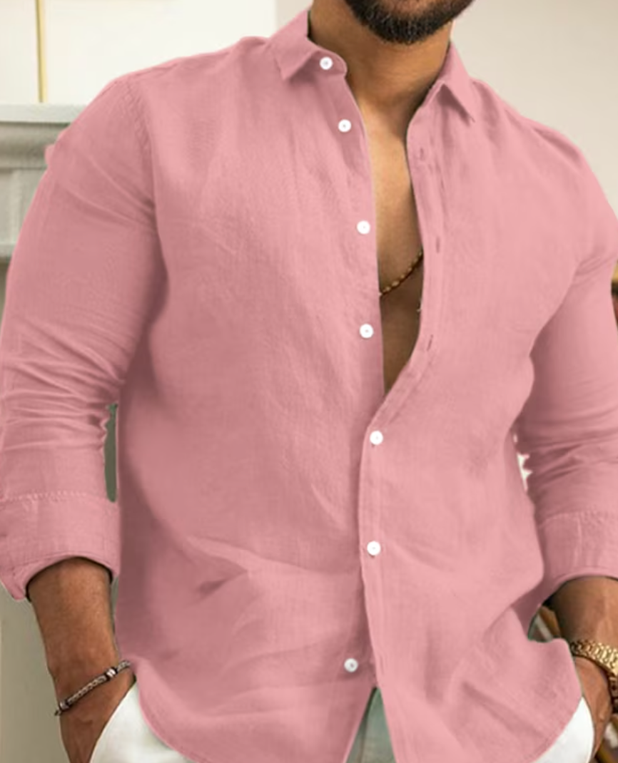Leinenhemd – Baumwolle – Langarm – Knopfleiste – Herrenhemden-Rosa-XS-Chaps Herrenmode