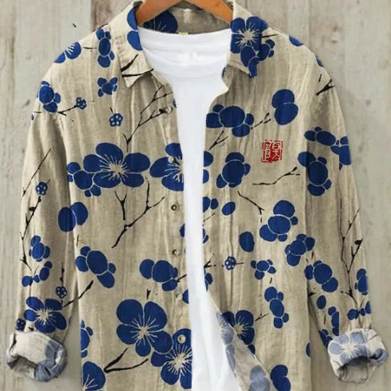 Leinenhemd | Bedruckt | Button-Up | Langarmhemd | Herrenhemd-Blaue Kirschblüte-S-Chaps Herrenmode
