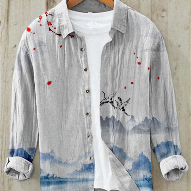 Leinenhemd | Bedruckt | Button-Up | Langarmhemd | Herrenhemd-Fliegende Störche-S-Chaps Herrenmode