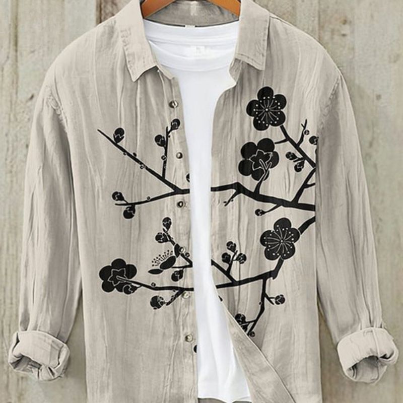 Leinenhemd | Bedruckt | Button-Up | Langarmhemd | Herrenhemd-Kirschblüte 2-S-Chaps Herrenmode