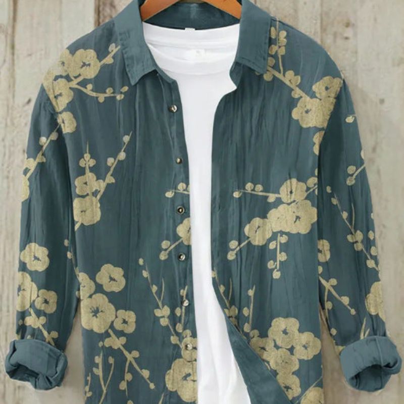 Leinenhemd | Bedruckt | Button-Up | Langarmhemd | Herrenhemd-Kirschblüte-S-Chaps Herrenmode