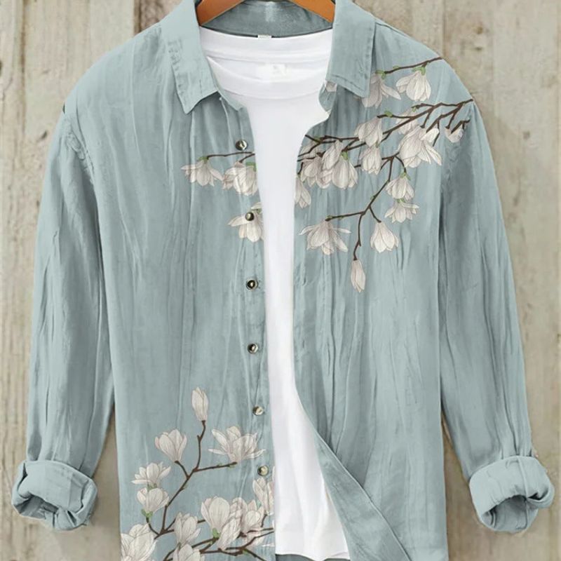 Leinenhemd | Bedruckt | Button-Up | Langarmhemd | Herrenhemd-Magnolie-S-Chaps Herrenmode