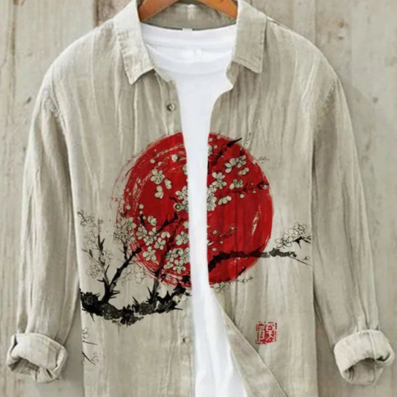 Leinenhemd | Bedruckt | Button-Up | Langarmhemd | Herrenhemd-Pflaumenblüte-S-Chaps Herrenmode