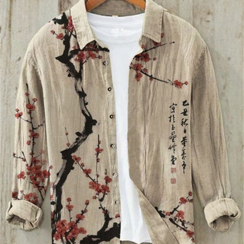 Leinenhemd | Bedruckt | Button-Up | Langarmhemd | Herrenhemd-Rote Kirschblüte-S-Chaps Herrenmode