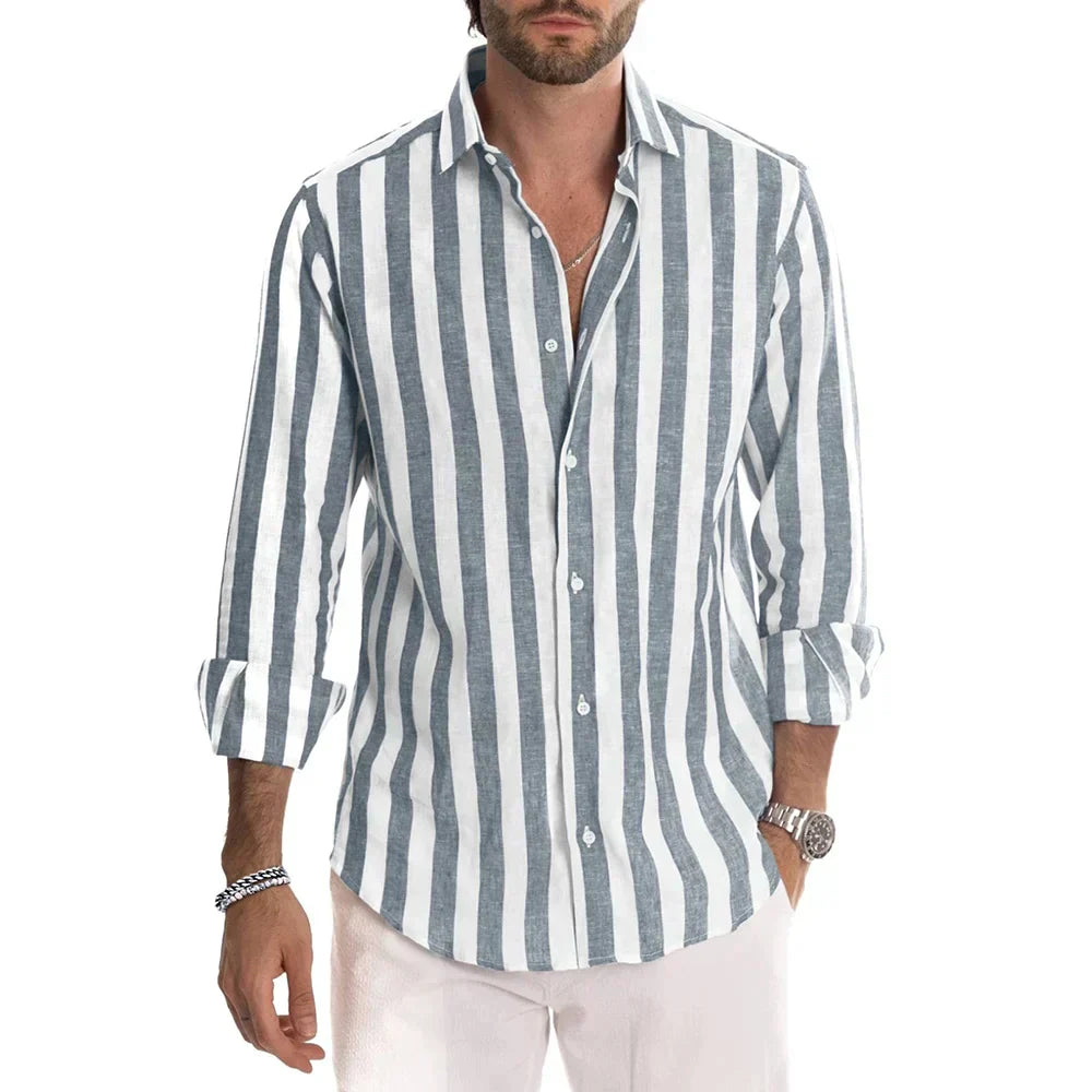 Leinenhemd | Gestreift | Button-Up | Langarmhemd | Herrenhemden-Grau-S-Chaps Herrenmode