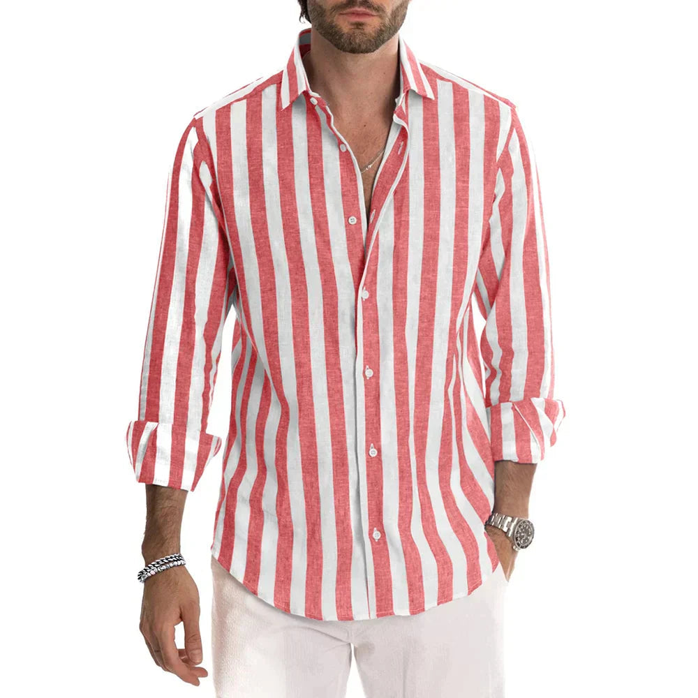Leinenhemd | Gestreift | Button-Up | Langarmhemd | Herrenhemden-Rot-S-Chaps Herrenmode