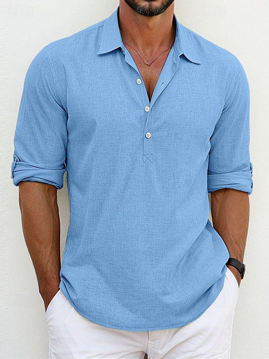 Leinenhemd – Halbgeknöpft – Langarm – Polohemd – Herrenhemden-Blau-S-Chaps Herrenmode