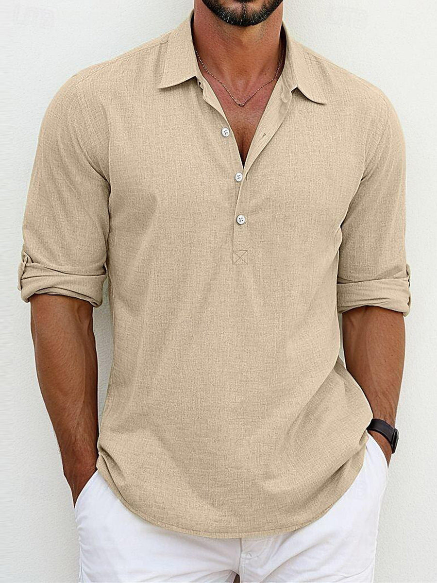 Leinenhemd – Halbgeknöpft – Langarm – Polohemd – Herrenhemden-Khaki-S-Chaps Herrenmode