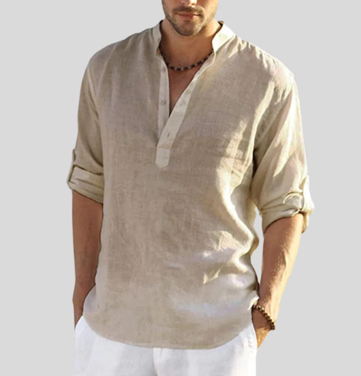 Leinenhemd - Herrenhemd mit langen Ärmeln und halber Knopfleiste für den Sommer-Beige-XS-Chaps Herrenmode