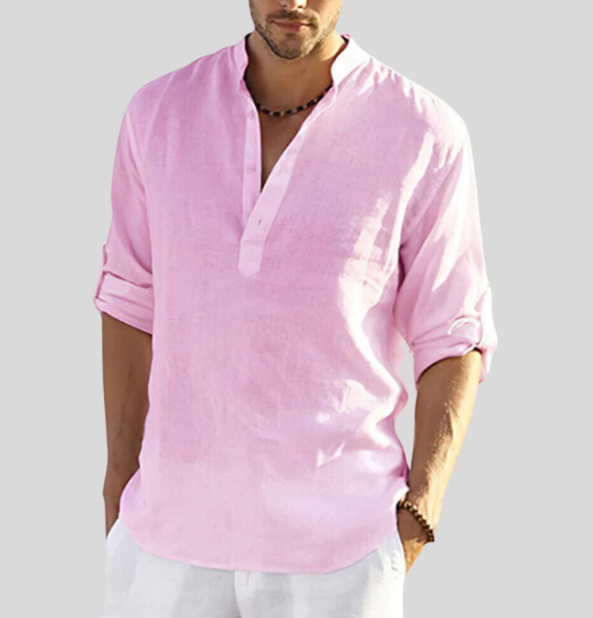 Leinenhemd - Herrenhemd mit langen Ärmeln und halber Knopfleiste für den Sommer-Rosa-XS-Chaps Herrenmode