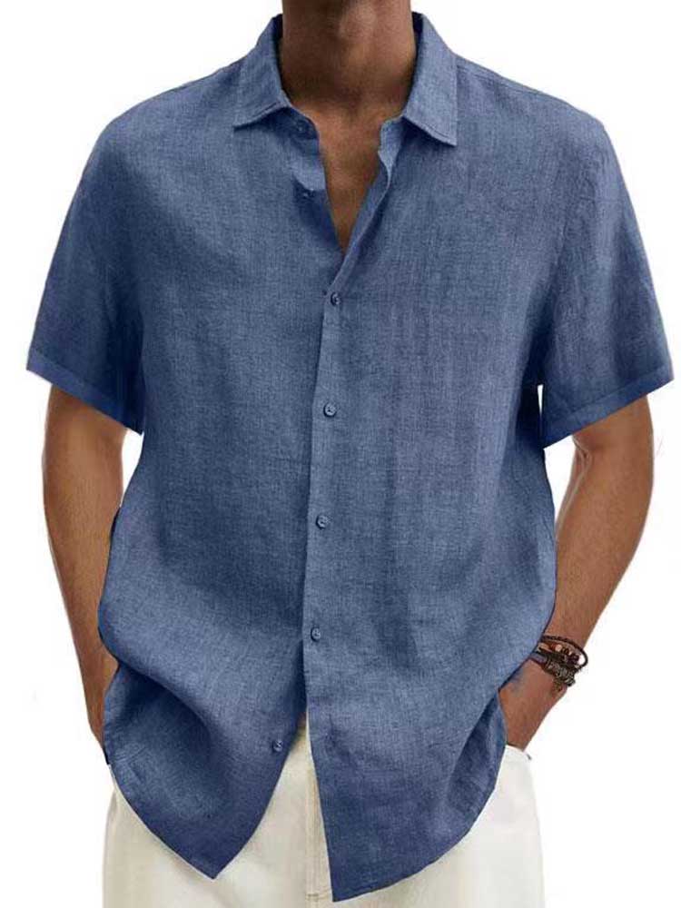 Leinenhemd – Kurzärmeliges Baumwollhemd mit Knöpfen für Männer für den Sommer-Blau-S-Chaps Herrenmode