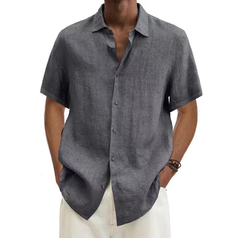 Leinenhemd – Kurzärmeliges Baumwollhemd mit Knöpfen für Männer für den Sommer-Grau-S-Chaps Herrenmode