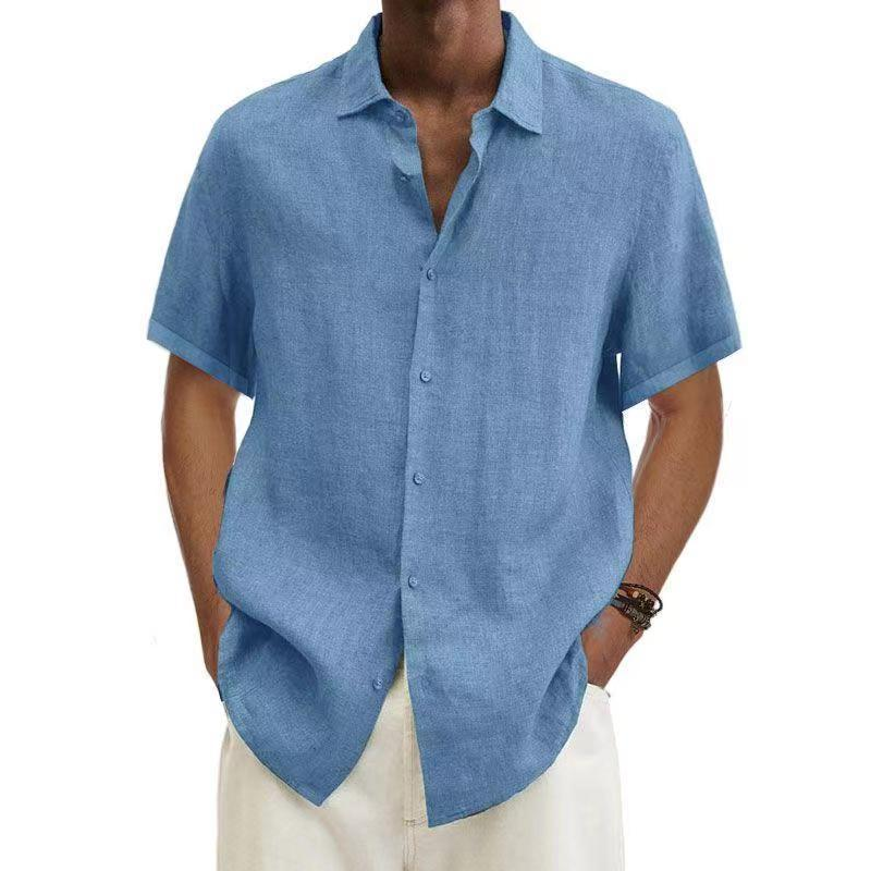 Leinenhemd – Kurzärmeliges Baumwollhemd mit Knöpfen für Männer für den Sommer-Hellblau-S-Chaps Herrenmode