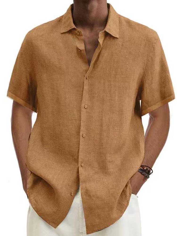 Leinenhemd – Kurzärmeliges Baumwollhemd mit Knöpfen für Männer für den Sommer-Khaki-S-Chaps Herrenmode