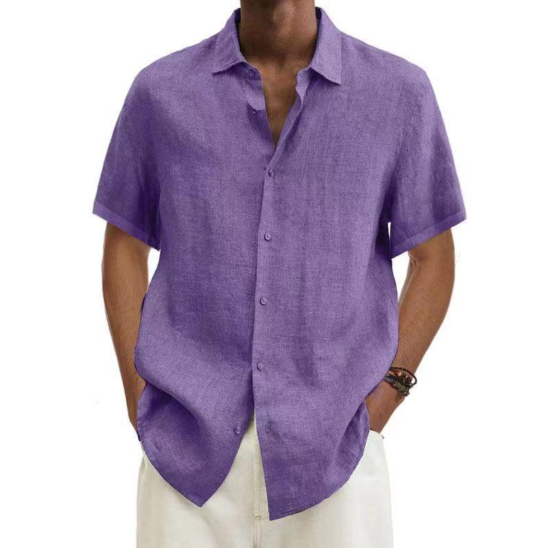 Leinenhemd – Kurzärmeliges Baumwollhemd mit Knöpfen für Männer für den Sommer-Lila-S-Chaps Herrenmode