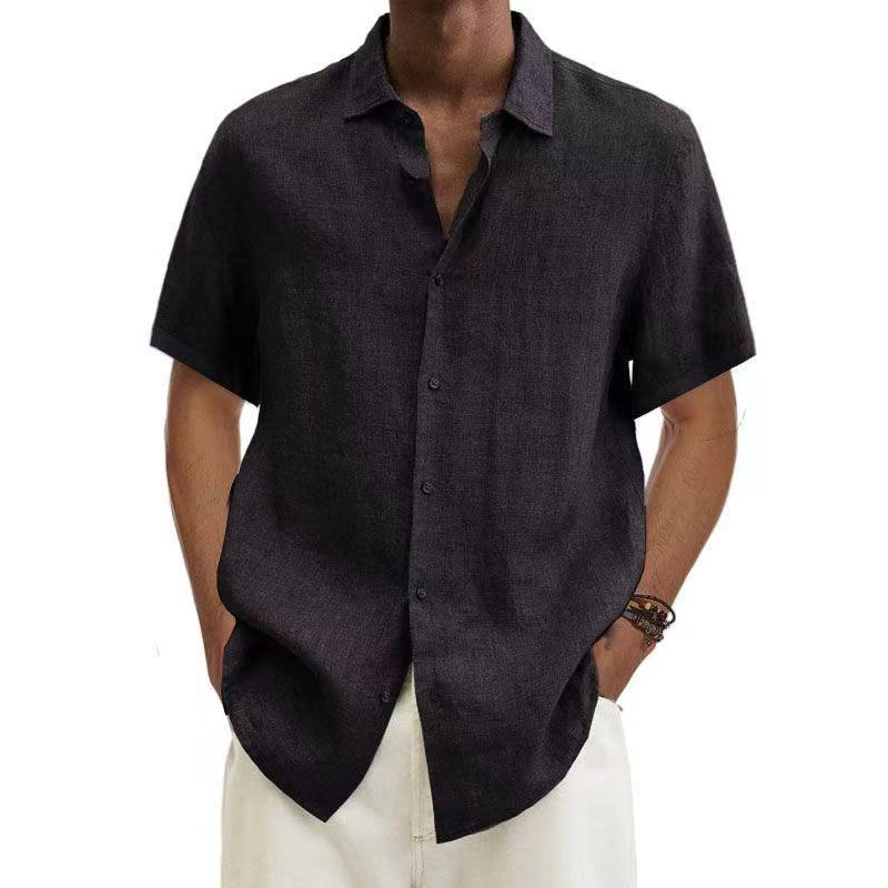 Leinenhemd – Kurzärmeliges Baumwollhemd mit Knöpfen für Männer für den Sommer-Schwarz-S-Chaps Herrenmode
