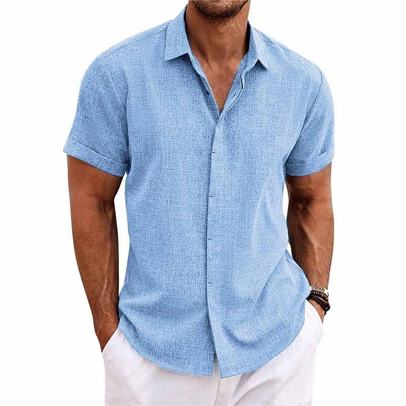 Leinenhemd - Kurzärmeliges Sommerhemd mit Knopfleiste für Männer-Hellblau-S-Chaps Herrenmode