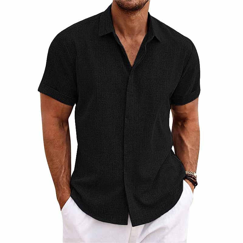 Leinenhemd - Kurzärmeliges Sommerhemd mit Knopfleiste für Männer-Schwarz-S-Chaps Herrenmode