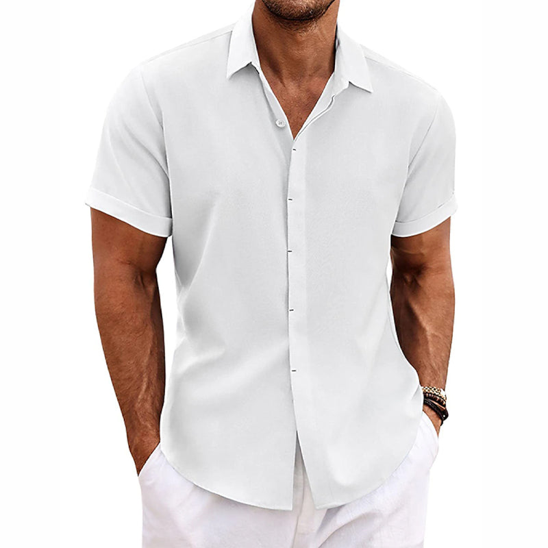 Leinenhemd - Kurzärmeliges Sommerhemd mit Knopfleiste für Männer-Weiß-S-Chaps Herrenmode
