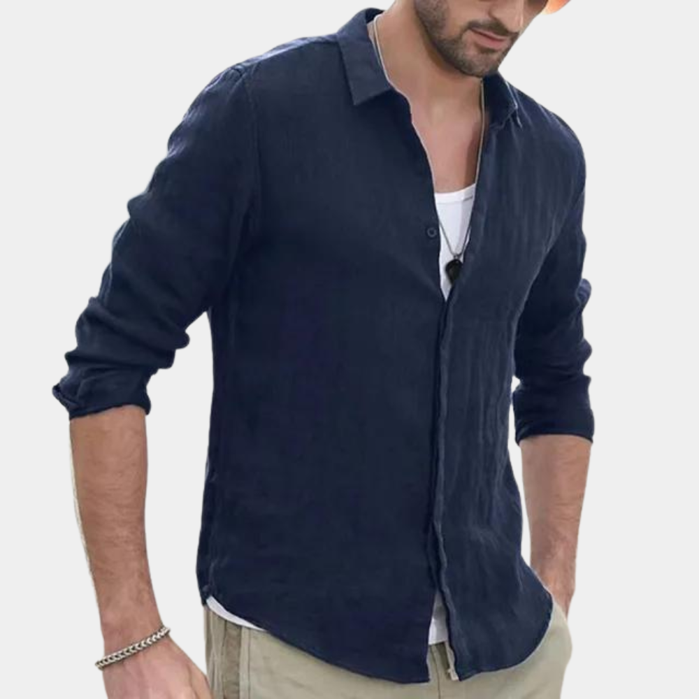 Leinenhemd – Langarm – Atmungsaktiv – Hemden mit Knöpfen – Herrenhemd-Blau-S-Chaps Herrenmode