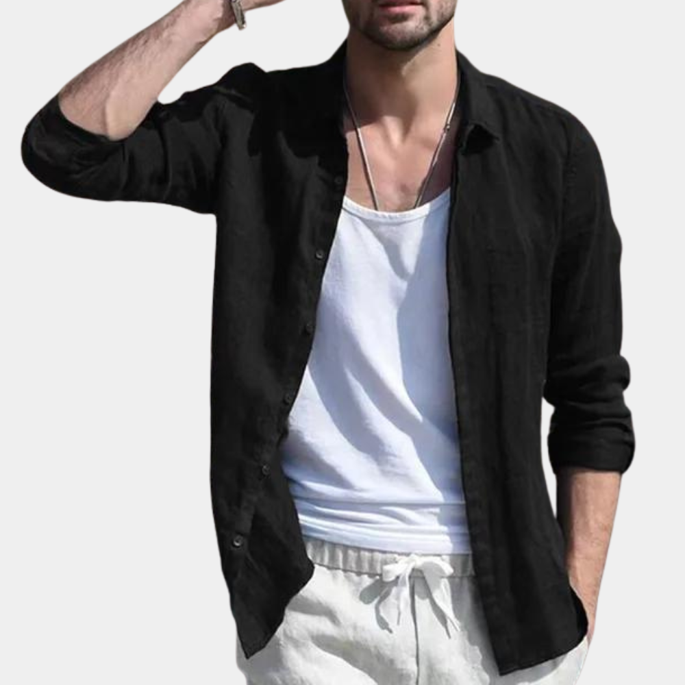 Leinenhemd – Langarm – Atmungsaktiv – Hemden mit Knöpfen – Herrenhemd-Schwarz-S-Chaps Herrenmode