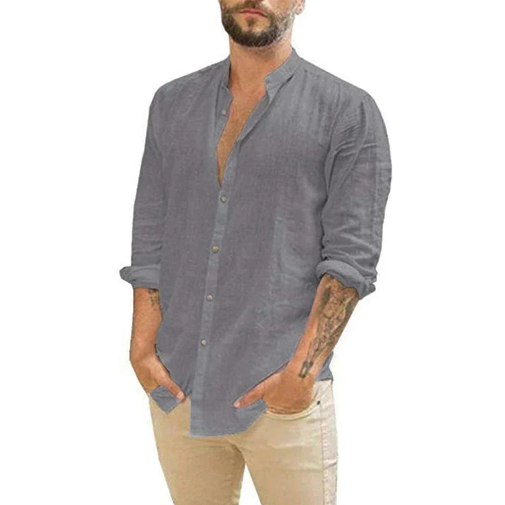 Leinenhemd – Langarm – Knopfleiste – Sommerhemd – Herrenhemden-Grau-S-Chaps Herrenmode