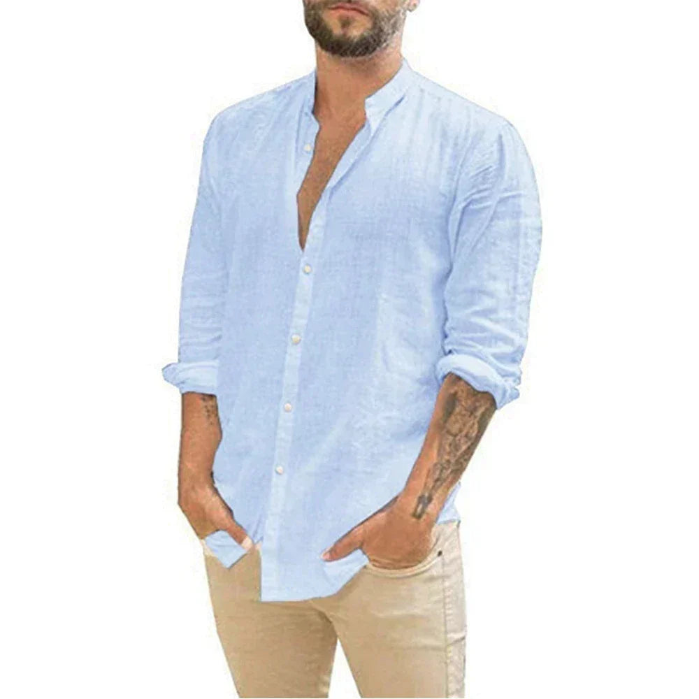 Leinenhemd – Langarm – Knopfleiste – Sommerhemd – Herrenhemden-Hellblau-S-Chaps Herrenmode