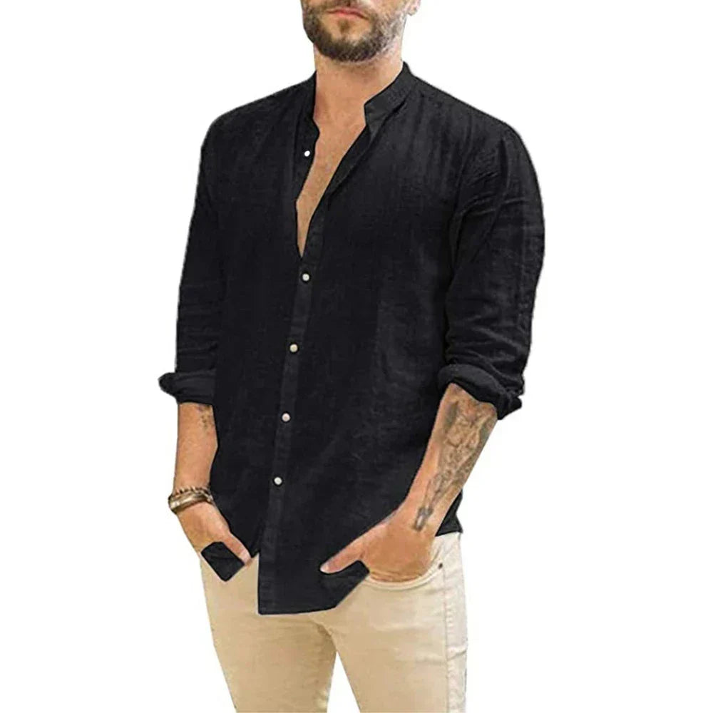 Leinenhemd – Langarm – Knopfleiste – Sommerhemd – Herrenhemden-Schwarz-S-Chaps Herrenmode