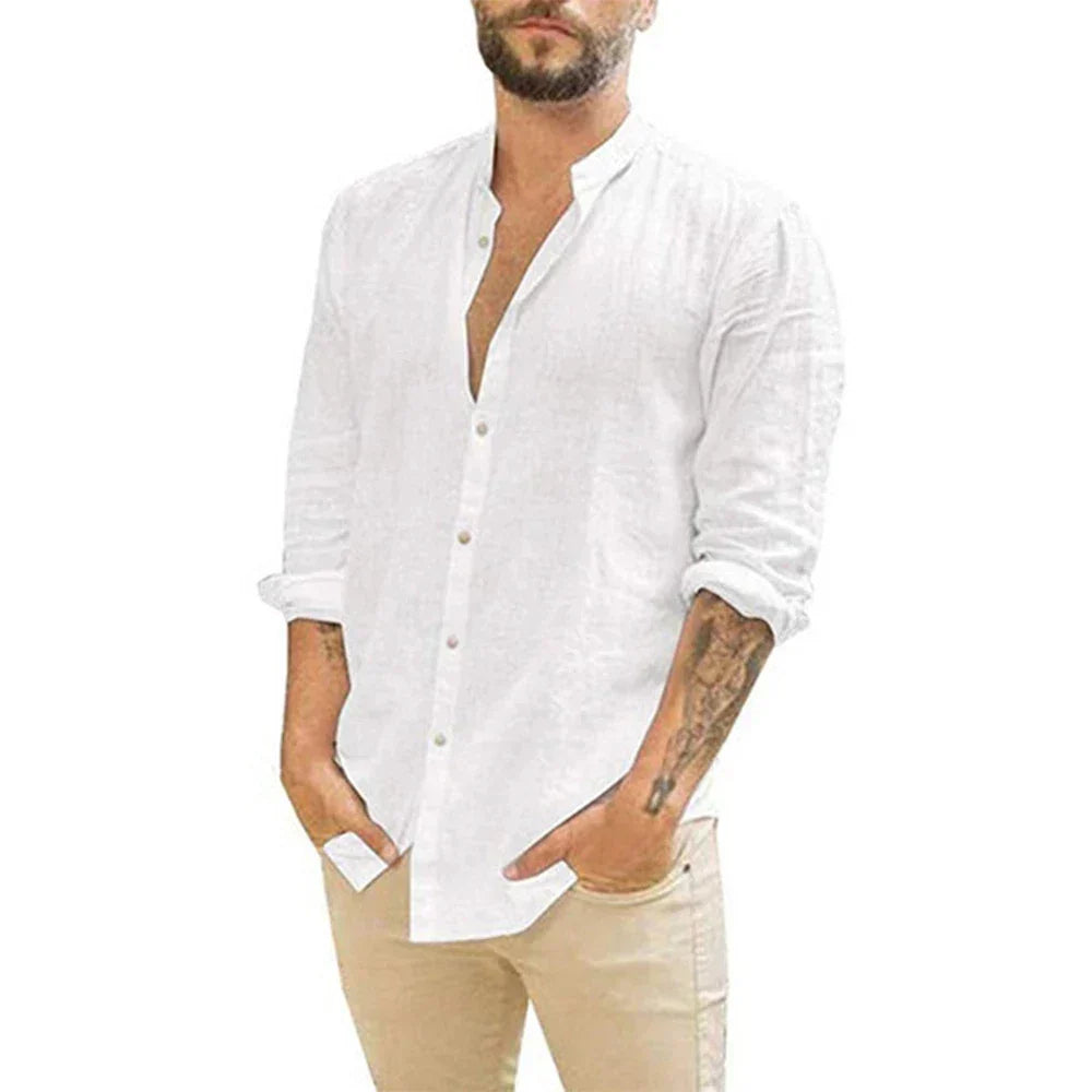Leinenhemd – Langarm – Knopfleiste – Sommerhemd – Herrenhemden-Weiß-S-Chaps Herrenmode