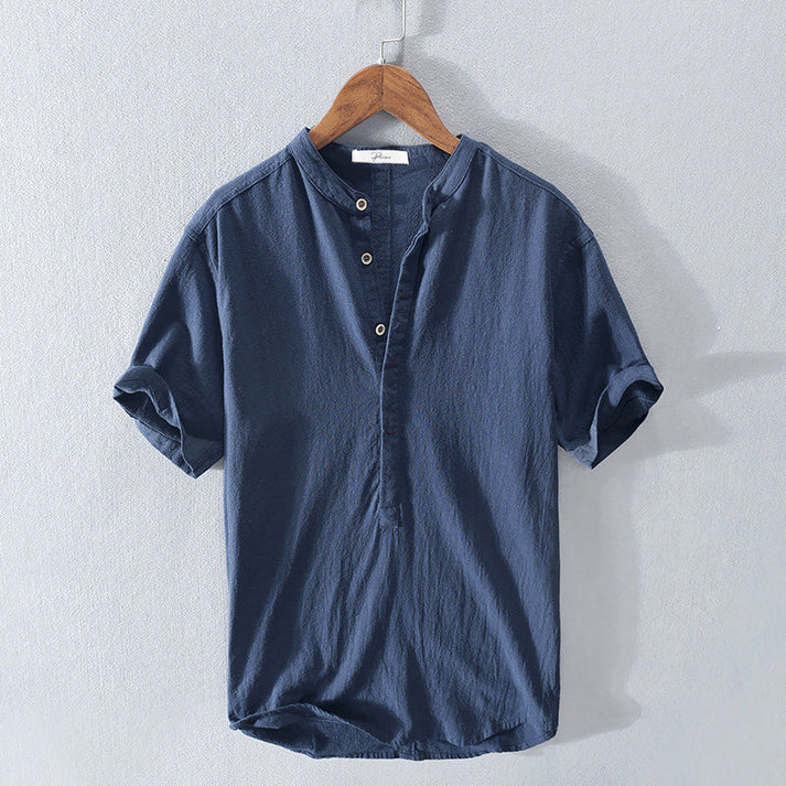 Leinenhemd – Leichtes Herrenhemd mit Knöpfen und kurzen Ärmeln für den Sommer-Dunkelblau-M-Chaps Herrenmode