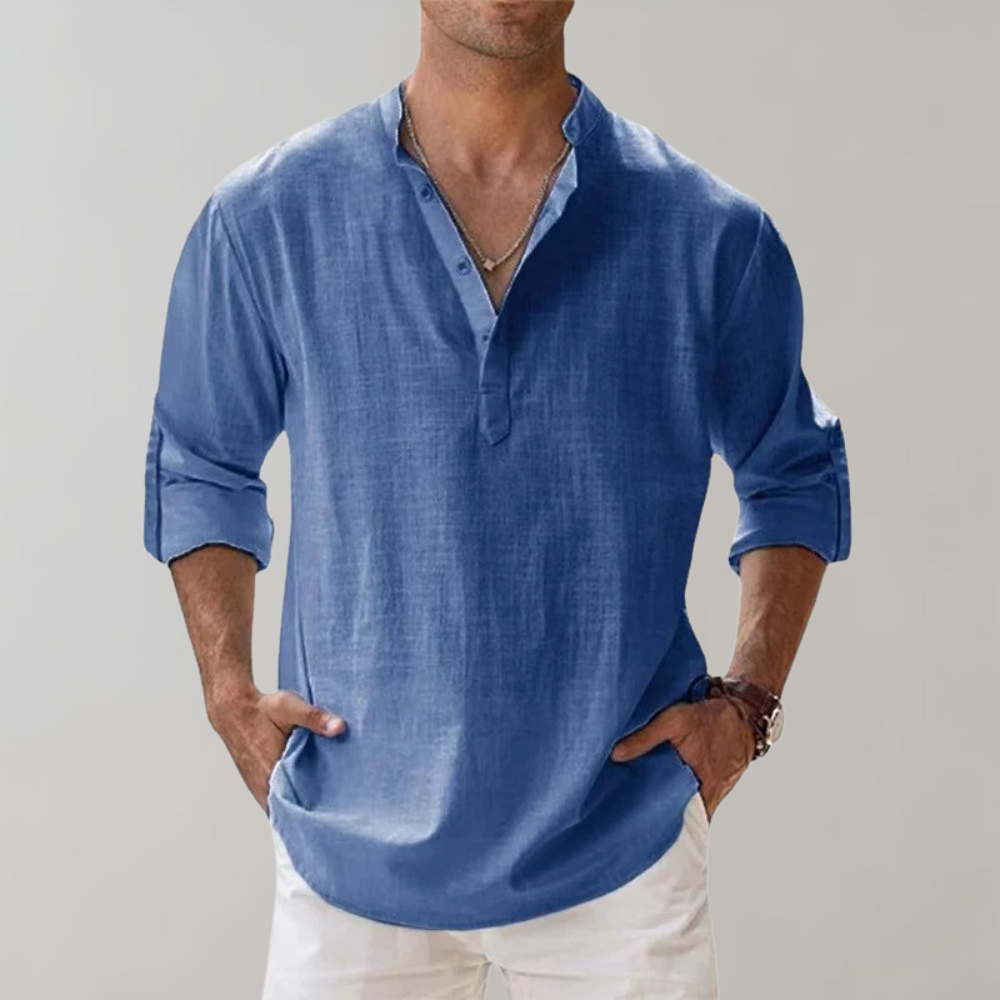 Leinenhemd - Leichtes Herrenhemd mit halber Knopfleiste und langen Ärmeln für den Sommer-Blau-S-Chaps Herrenmode