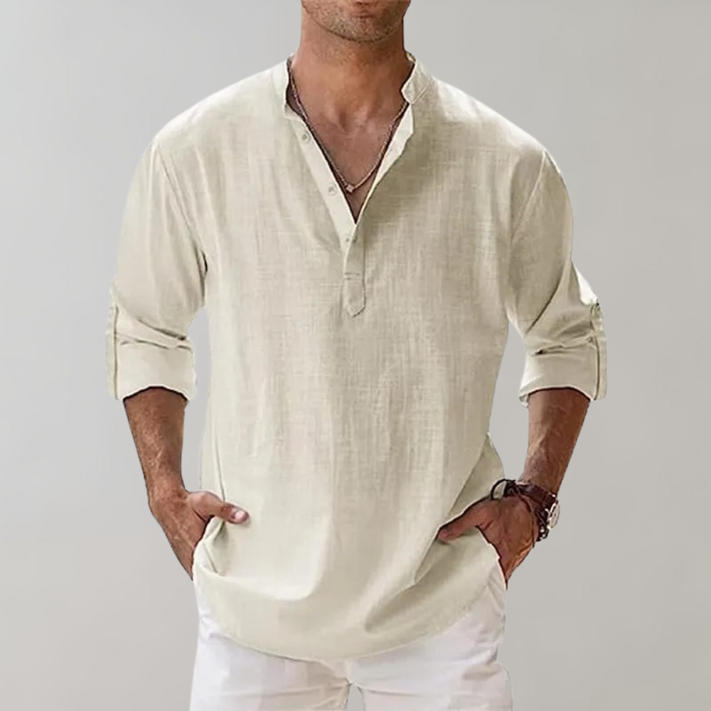 Leinenhemd - Leichtes Herrenhemd mit halber Knopfleiste und langen Ärmeln für den Sommer-Weiß-S-Chaps Herrenmode