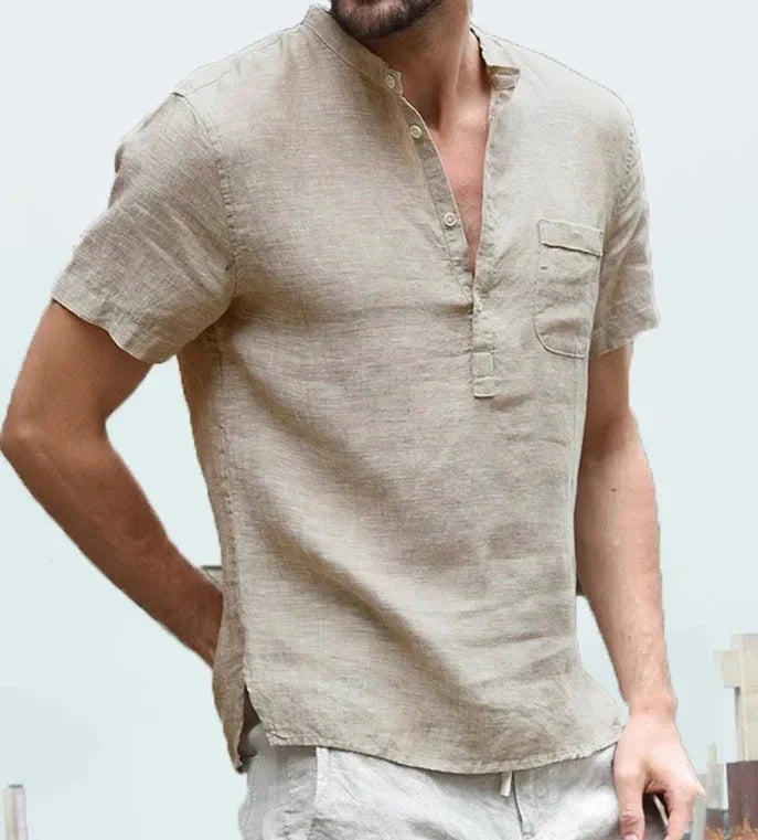 Leinenhemd – Leichtes, lässiges Kurzarm-T-Shirt für Männer-Beige-S-Chaps Herrenmode