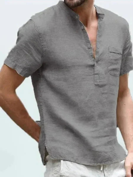 Leinenhemd – Leichtes, lässiges Kurzarm-T-Shirt für Männer-Grau-S-Chaps Herrenmode