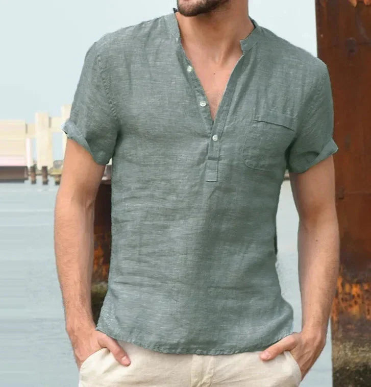 Leinenhemd – Leichtes, lässiges Kurzarm-T-Shirt für Männer-Grün-S-Chaps Herrenmode