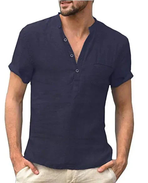 Leinenhemd – Leichtes, lässiges Kurzarm-T-Shirt für Männer-Marineblau-S-Chaps Herrenmode